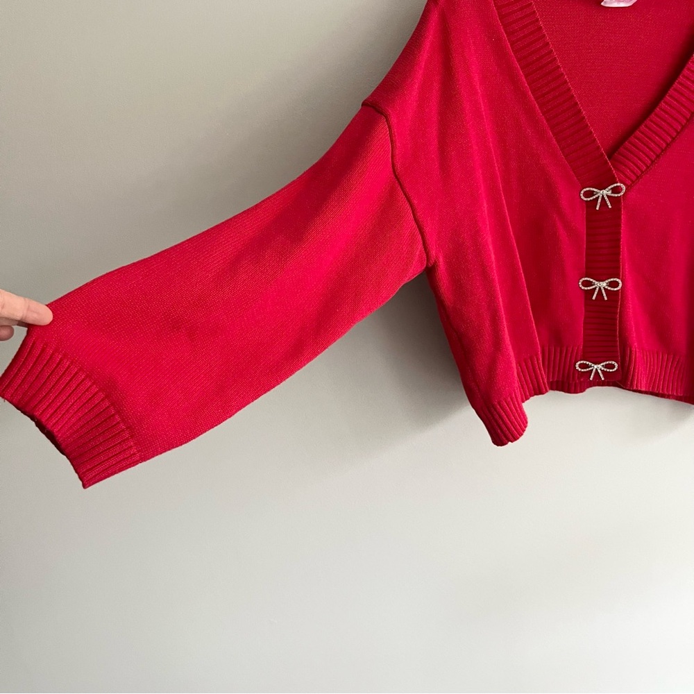 Pink Lily Red V-Neck Cardigan with Rhinestone Bow Accents Extra Large - Picture 11 of 11
